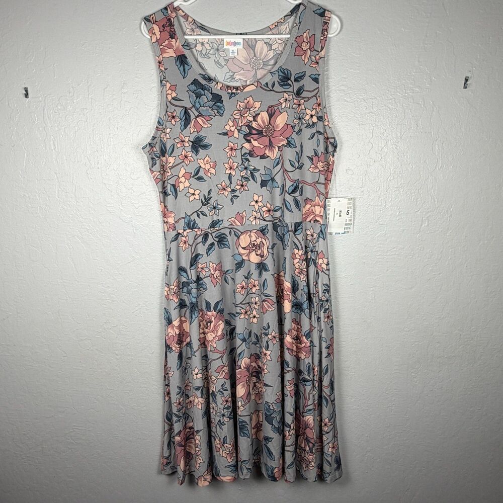 LuLaRoe Nicki Dress Women's XL Gray Pink Blue Floral Sleeveless Swing NWT - Picture 7 of 7